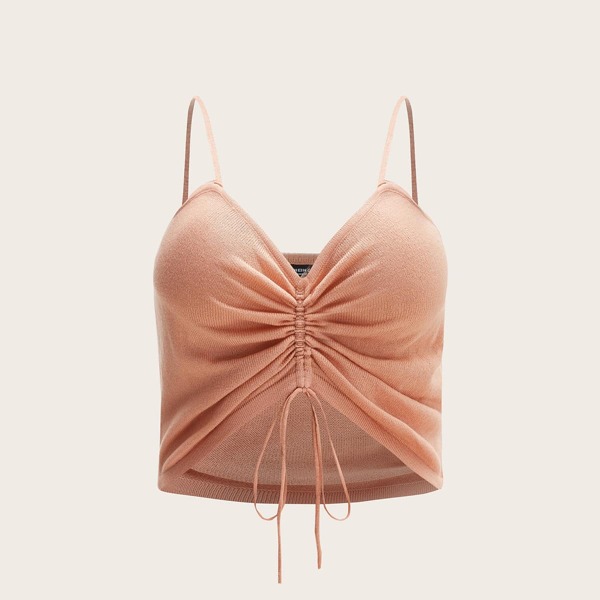 

Plus Ruched Drawstring Knot Knit Top, Baby pink