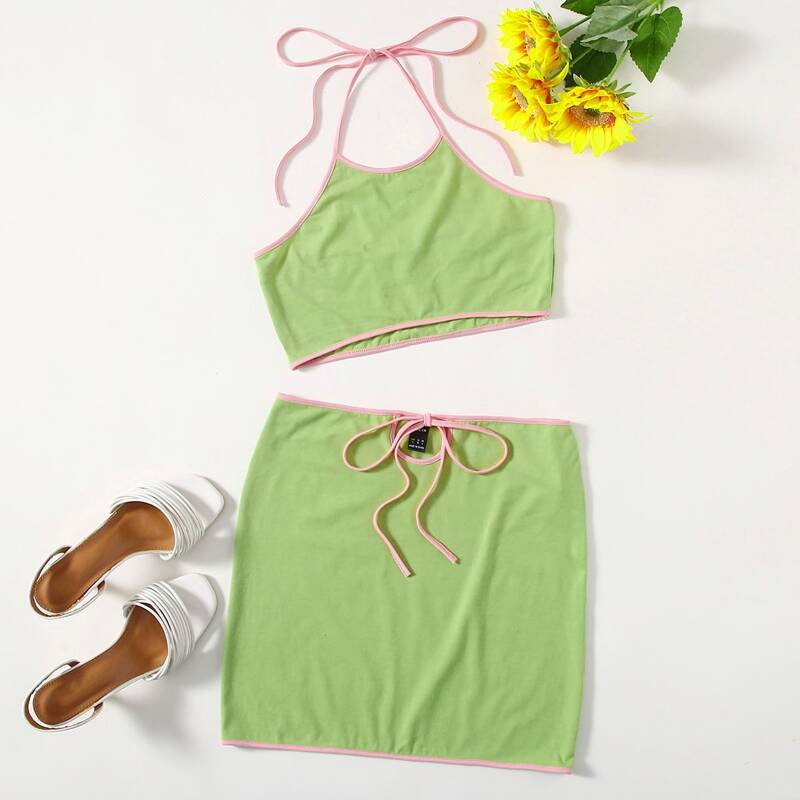 

Contrast Binding Halter Top & Skirt Set, Lime green