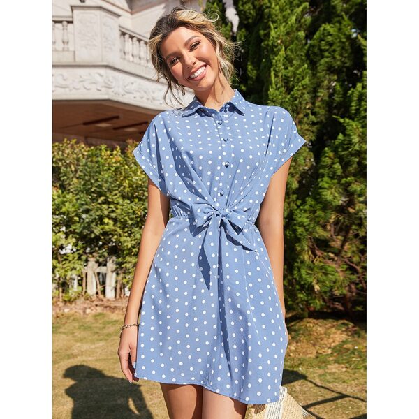 

Polka Dot Tie Front Dress, Blue