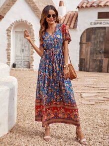 印花結飾A字型連衣裙 - 彩色 - 查看 4