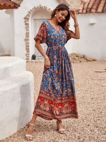 印花結飾A字型連衣裙 - 彩色 - 查看 5