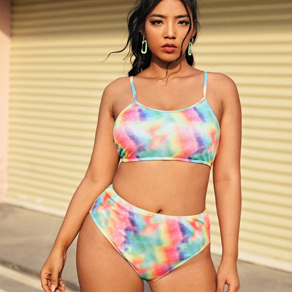 

Plus Tie Dye High Waisted Bikini Swimsuit, Multicolor