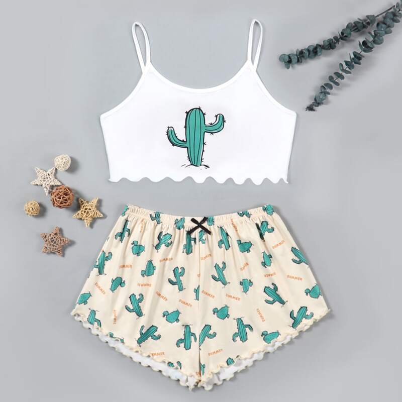 

Letter & Plants Print Pajama Set, Multicolor