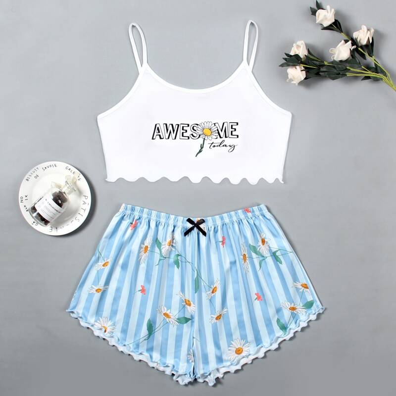 Letter & Floral Print Pajama Set, Blue and white