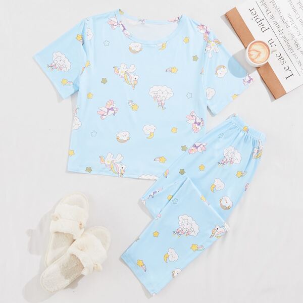 

Star & Cartoon Graphic Pajama Set, Baby blue