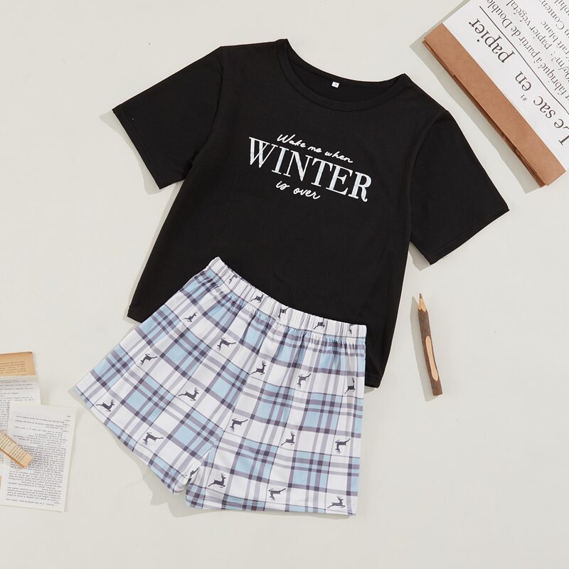 

Slogan & Plaid Graphic PJ Set, Multicolor