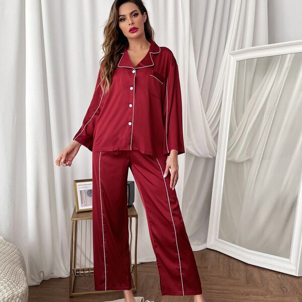 

Contrast Binding Satin PJ Set, Burgundy
