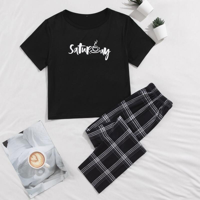 

Letter And Plaid Print Pajama Set, Black
