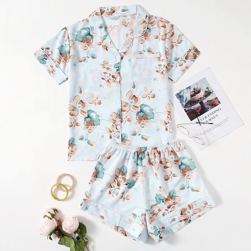 

Floral Print Lapel Neck Satin PJ Set, Multicolor
