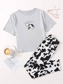 Conjunto de pijama con estampado de letra y vaca - Multicolor - Ver 1
