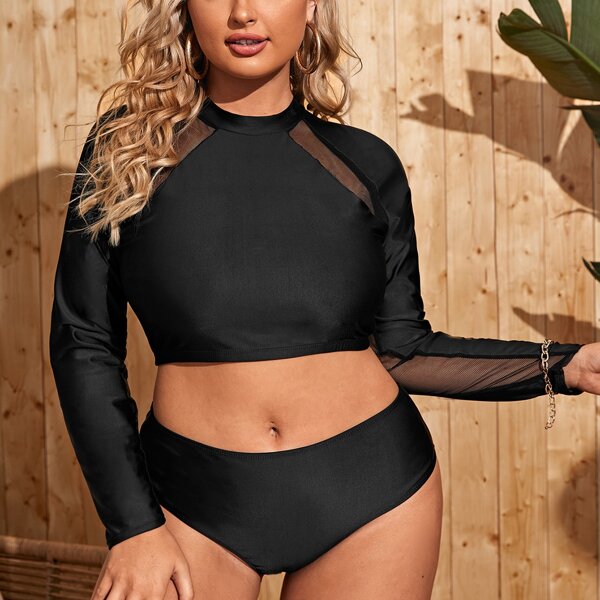 

Plus Contrast Mesh Bikini Swimsuit, Black