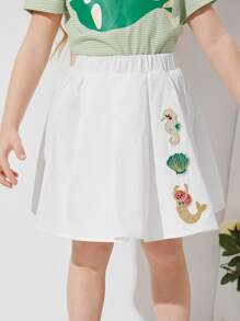 SHEIN 小女童彈性腰貼布細節半身裙 - 白色 - 查看 1