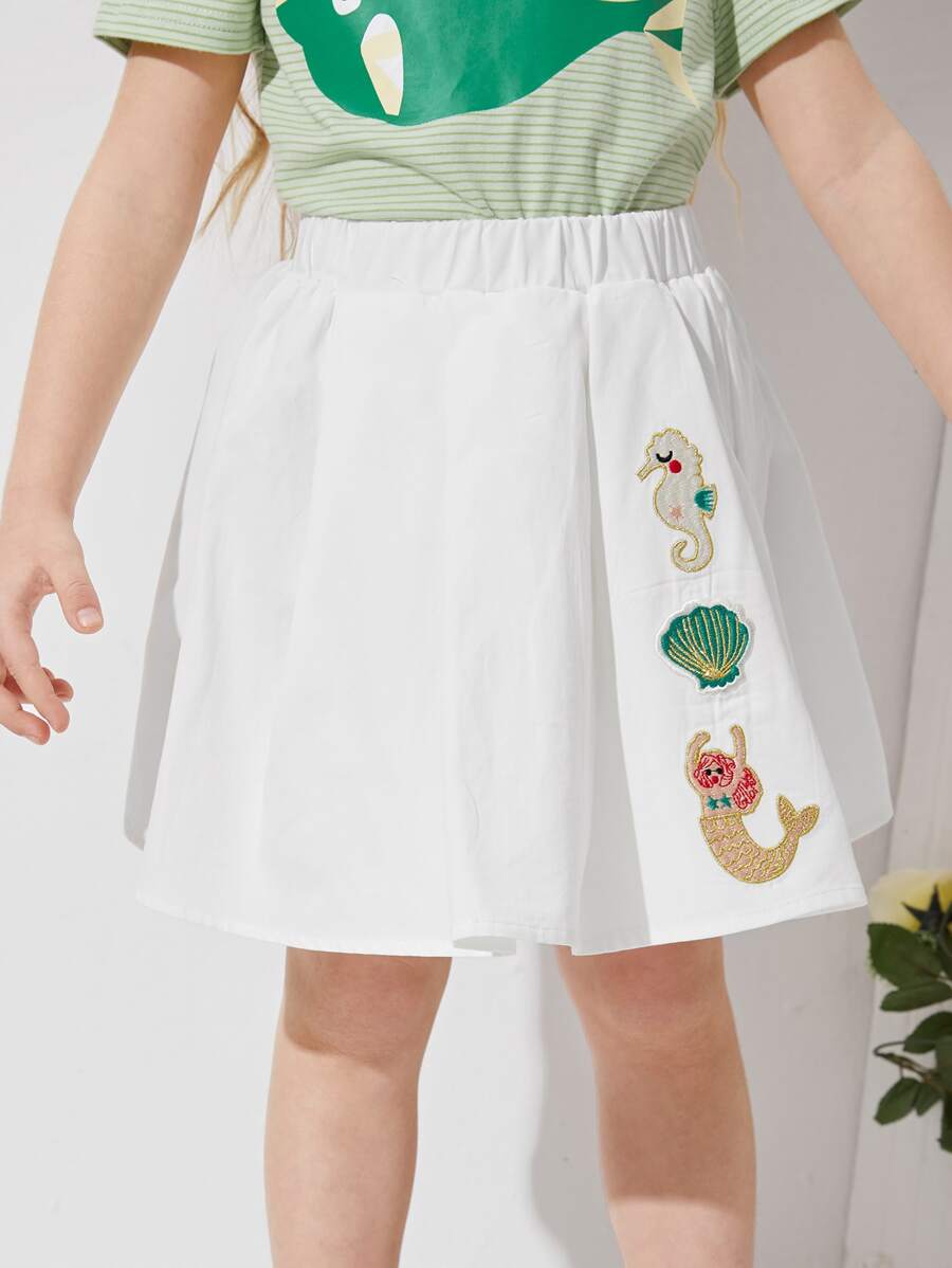 SHEIN 小女童彈性腰貼布細節半身裙 - 白色 - 查看 1