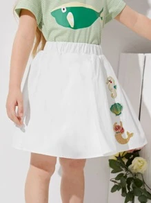 SHEIN 小女童彈性腰貼布細節半身裙 - 白色 - 查看 3