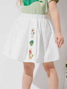 SHEIN 小女童彈性腰貼布細節半身裙 - 白色 - 查看 4