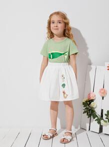 SHEIN 小女童彈性腰貼布細節半身裙 - 白色 - 查看 5