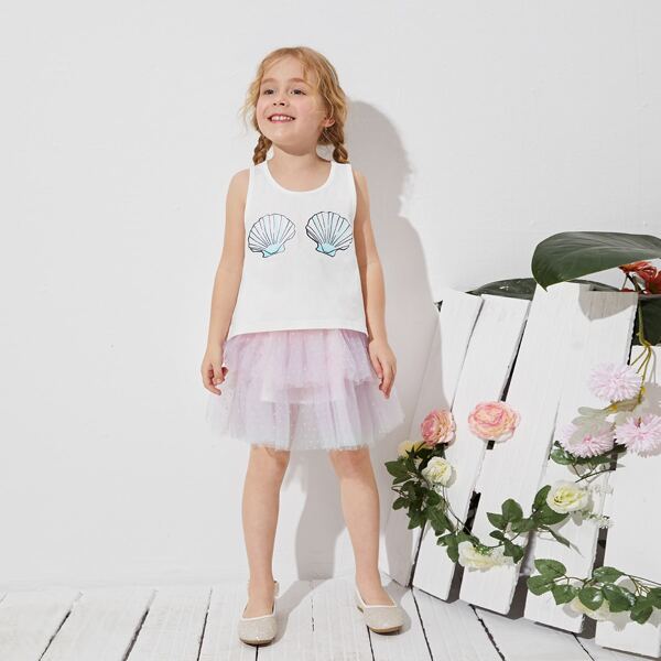 

Toddler Girls Shell Print High-low Hem Tank Top, White