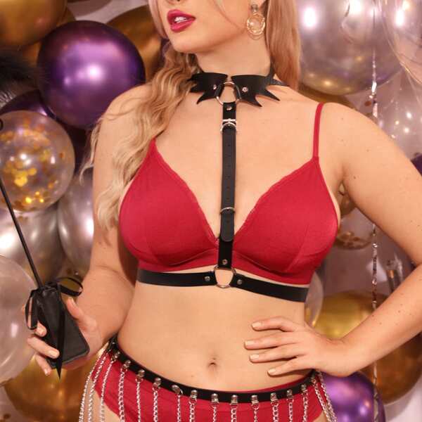 

Plus PU Ring Linked Choker Without Lingerie Set, Black