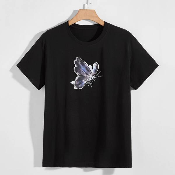 

Men Butterfly Print Short Sleeve Tee, Black
