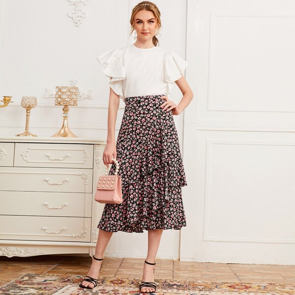 

Butterfly Sleeve Top & Layered Hem Floral Skirt Set, Multicolor