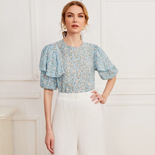 

Layered Sleeve Ditsy Floral Top, Baby blue