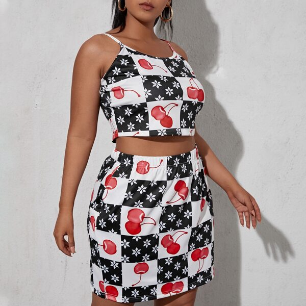 

Plus Cherry And Checker Print Cami Top & Skirt, Multicolor