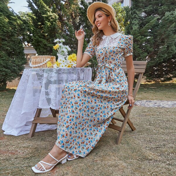 

Ditsy Floral Lace Panel Belted Dress, Multicolor