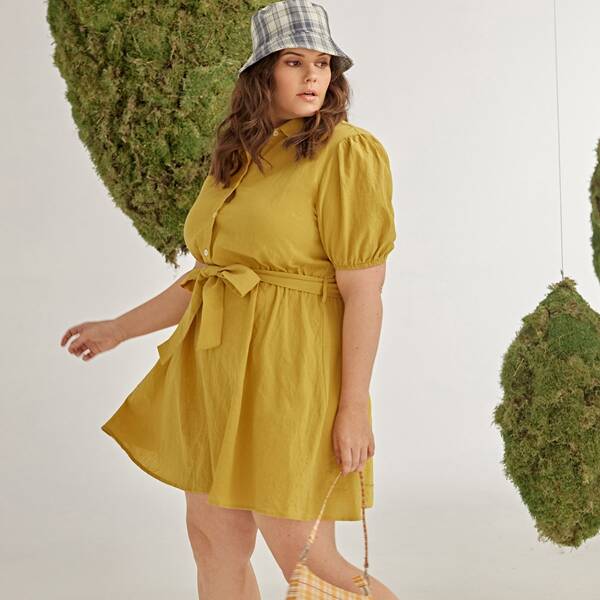 

Plus Puff Sleeve Belted Shirt Dress, Mustard yellow