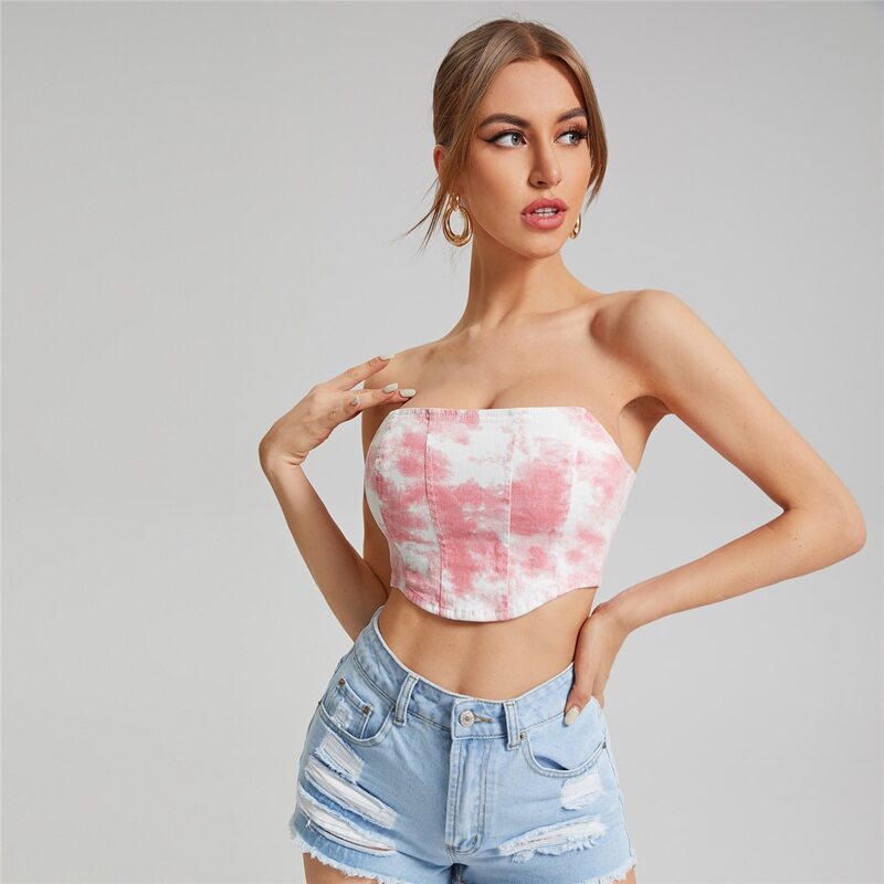 

Tie Dye Zipper Back Denim Top, Multicolor