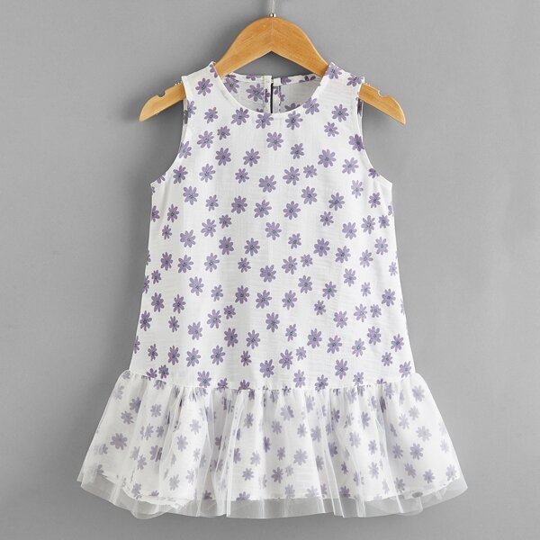 

Toddler Girls Allover Floral Contrast Mesh Smock Dress, White