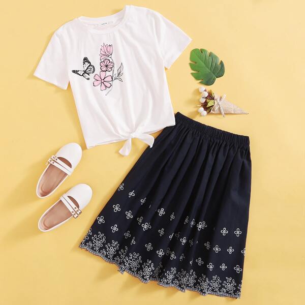 

Girls Butterfly Print Top & Elastic Waist Skirt Set, Blue and white