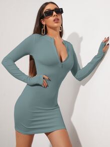 SHEIN Allurite Half Zip Thumb Hole Bodycon Dress - Dusty Blue - View 1