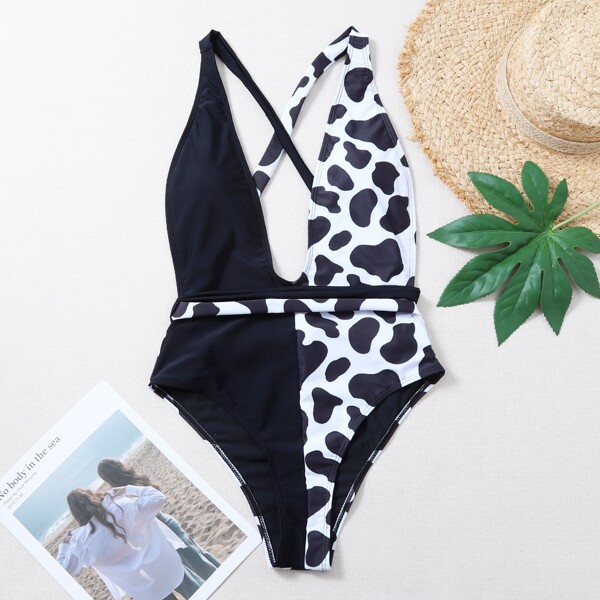 

Cow Pattern Plunging One Piece Swimsuit, Black and white