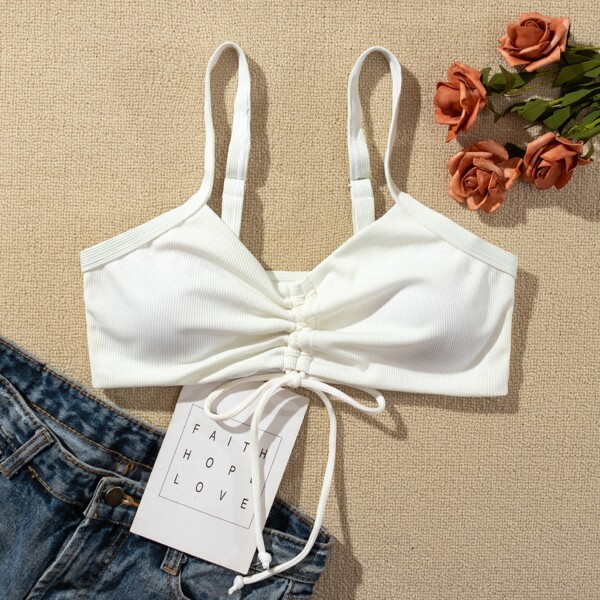 

Rib Ruched Bikini Top, White