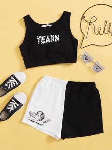 SHEIN Girls Letter Graphic Top & Angel Print Two Tone Shorts Set - Black and White - View 1