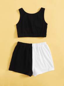 SHEIN Girls Letter Graphic Top & Angel Print Two Tone Shorts Set - Black and White - View 2