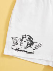 SHEIN Girls Letter Graphic Top & Angel Print Two Tone Shorts Set - Black and White - View 4