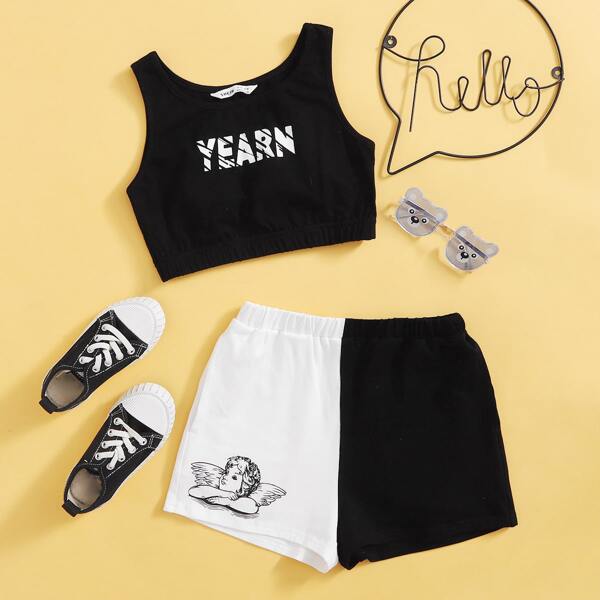 

Girls Letter Graphic Top & Angel Print Two Tone Shorts Set, Black and white