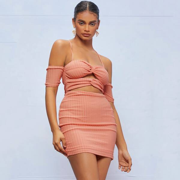 

Cold Shoulder Cutout Twist Front Bodycon Dress, Coral pink