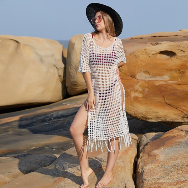 

Fringe Hem Split Side Cover Up Without Bikini, White