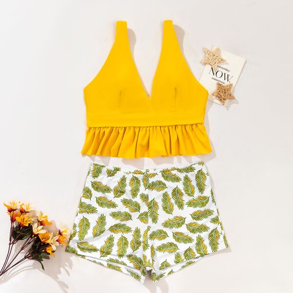 

Leaf Pattern Ruffle Hem Shorts Bikini Swimsuit, Multicolor