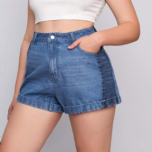 

Plus Contrast Panel Denim Shorts, Medium wash