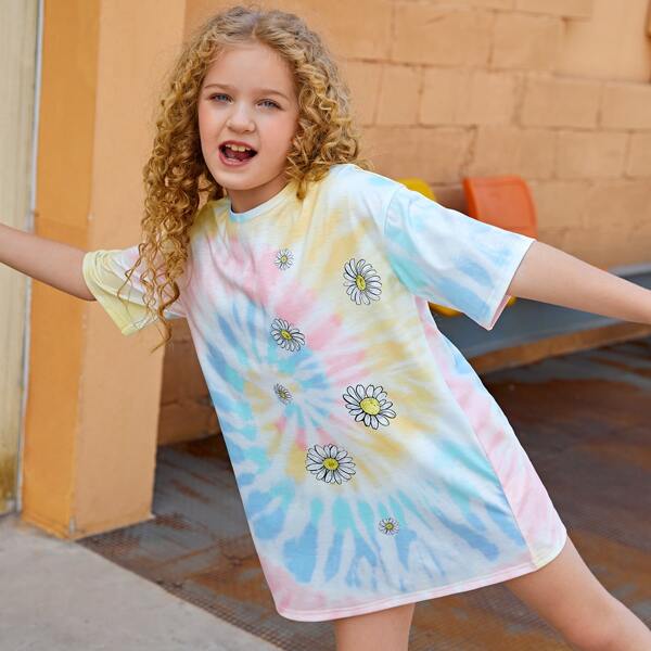 

Girls Floral Print Tie Dye Dress, Multicolor