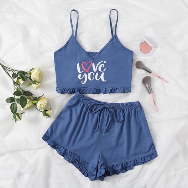 

Letter Graphic Cami Top & Frill Trim Shorts PJ Set, Baby blue