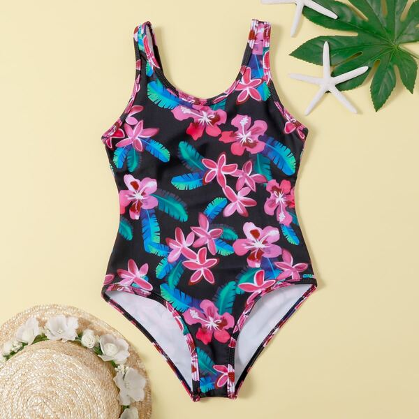 

Girls Floral Pattern One Piece Swimsuit, Multicolor