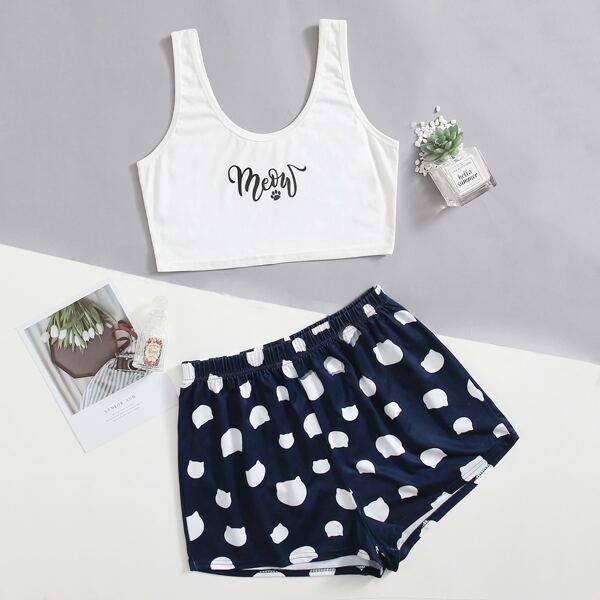 

Letter Graphic Tank Pajama Set, Blue and white