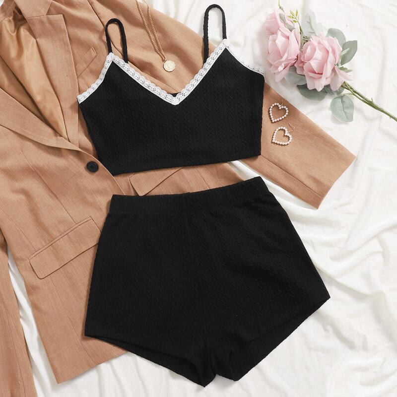 

Contrast Lace Cami Lounge Set, Black