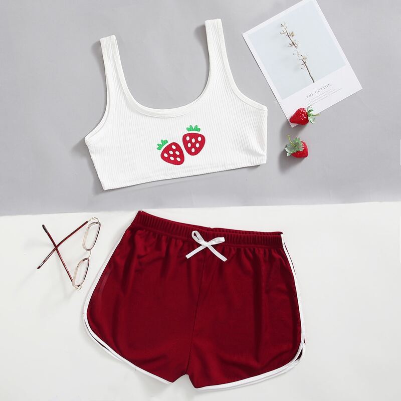 

Strawberry Print Tank Pajama Set, Red and white