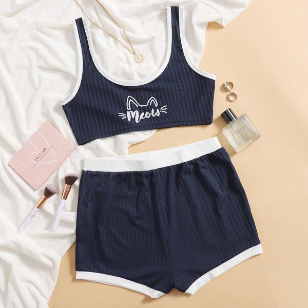 

Cartoon And Letter Graphic Tank Pajamas Set, Navy blue