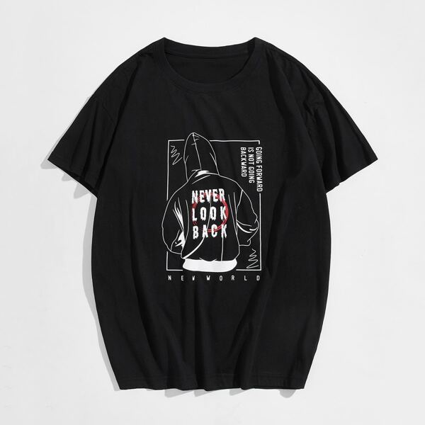 

Men Figure And Slogan Graphic Tee, Black